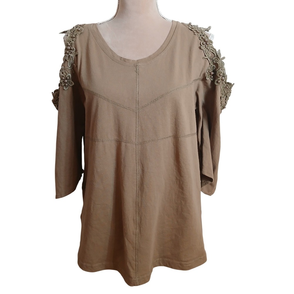 Pretty Angel Womens XL Taupe Linen Blend Cold Shoulder Lace Pearl Crochet Top